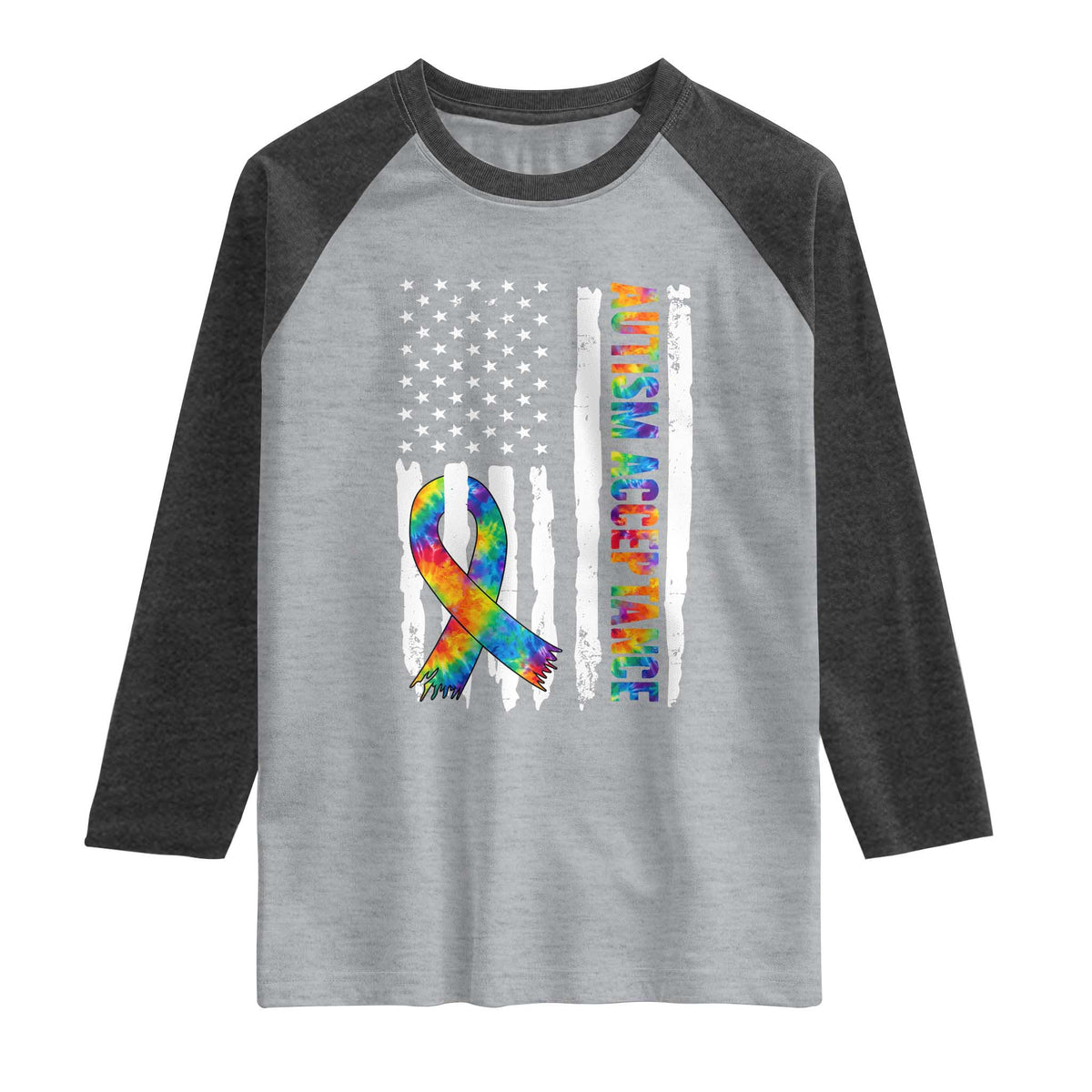 Autism Acceptance Raglan Shirt US Flag Ribbon Support Neurodiversity