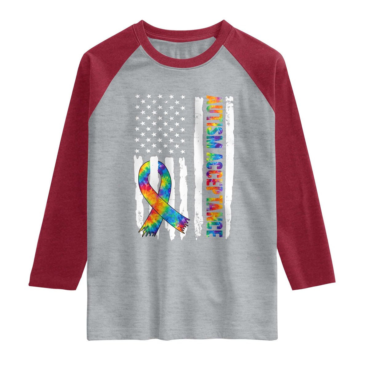 Autism Acceptance Raglan Shirt US Flag Ribbon Support Neurodiversity