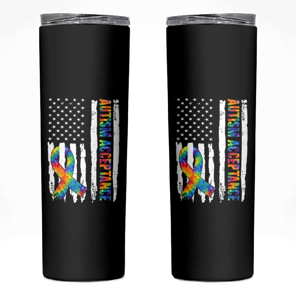 Autism Acceptance Skinny Tumbler US Flag Ribbon Support Neurodiversity