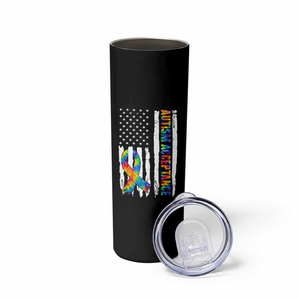 Autism Acceptance Skinny Tumbler US Flag Ribbon Support Neurodiversity