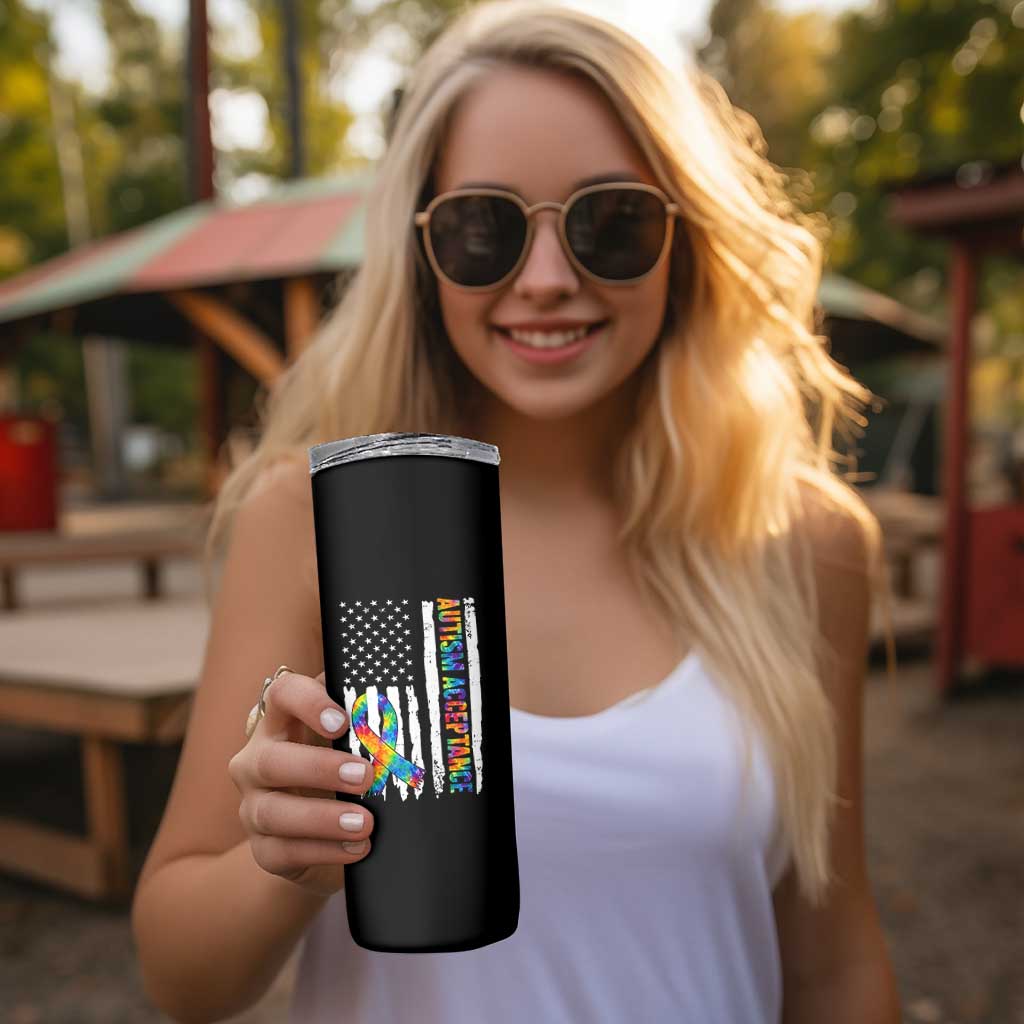 Autism Acceptance Skinny Tumbler US Flag Ribbon Support Neurodiversity