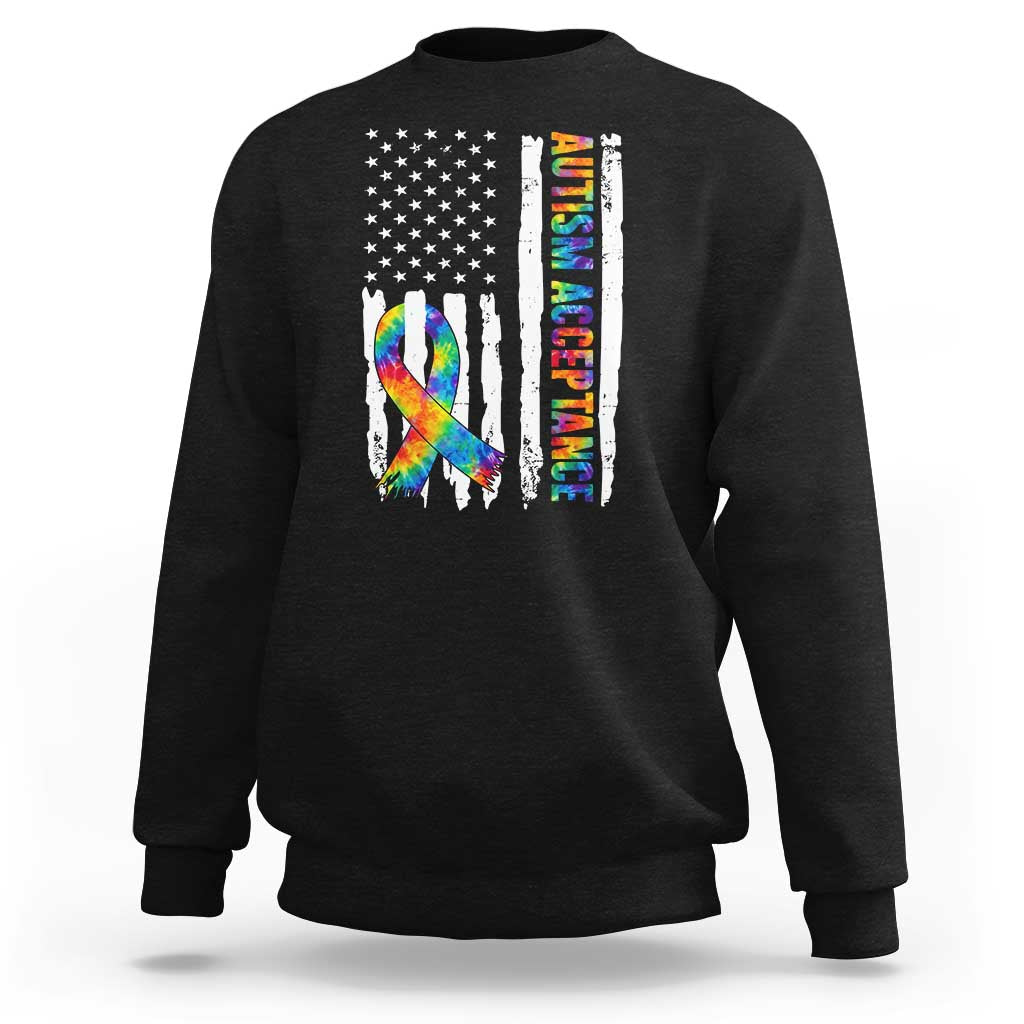 Autism Acceptance Sweatshirt US Flag Ribbon Support Neurodiversity