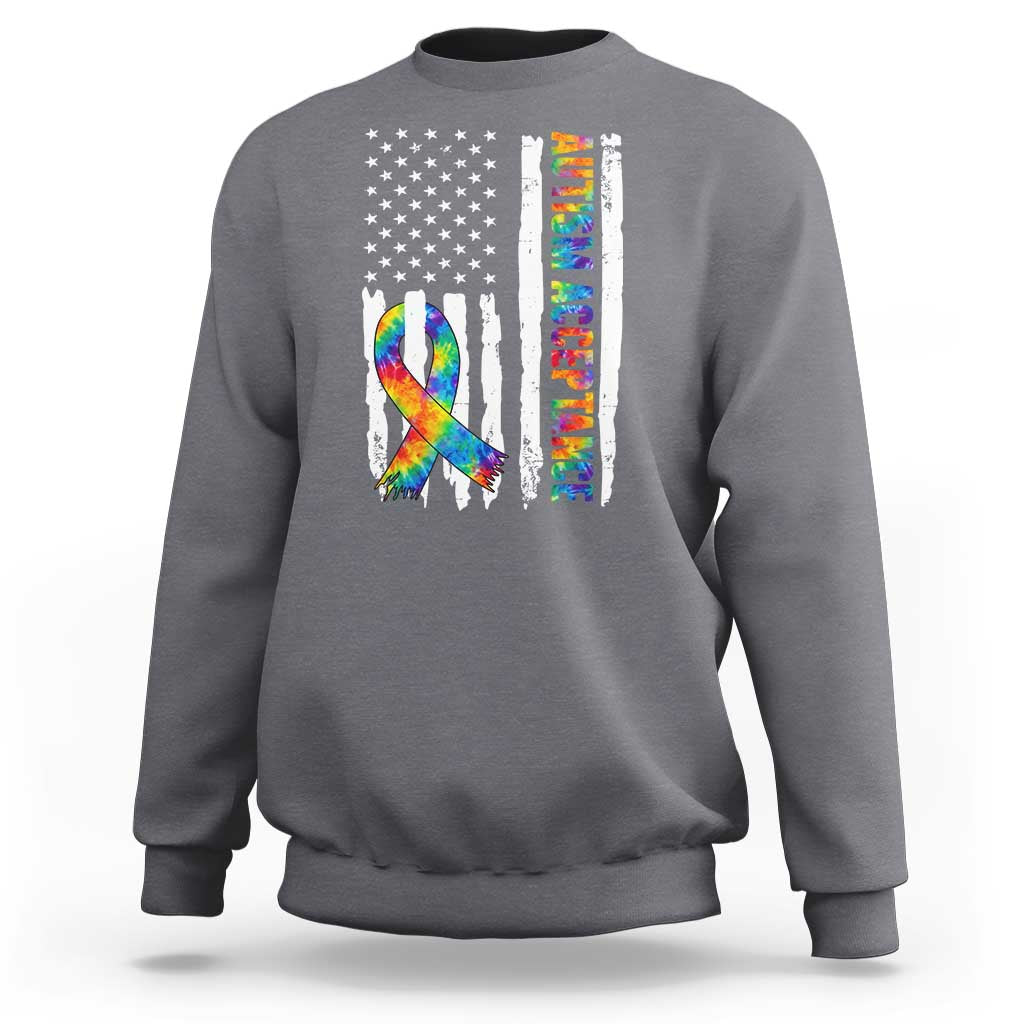 Autism Acceptance Sweatshirt US Flag Ribbon Support Neurodiversity