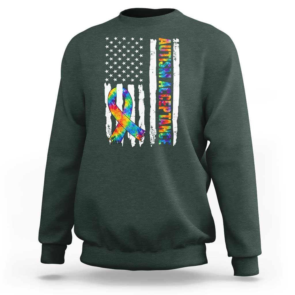 Autism Acceptance Sweatshirt US Flag Ribbon Support Neurodiversity