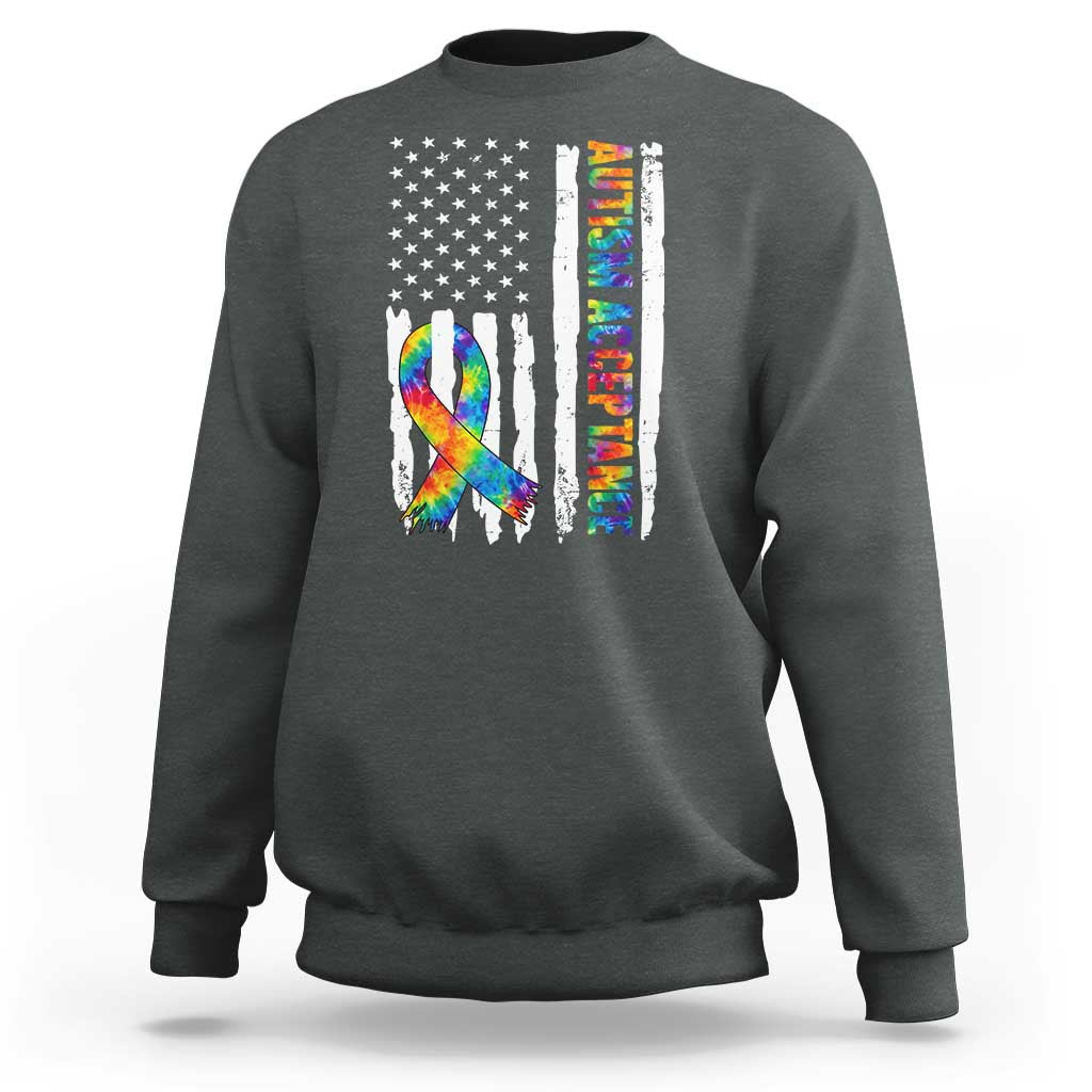 Autism Acceptance Sweatshirt US Flag Ribbon Support Neurodiversity