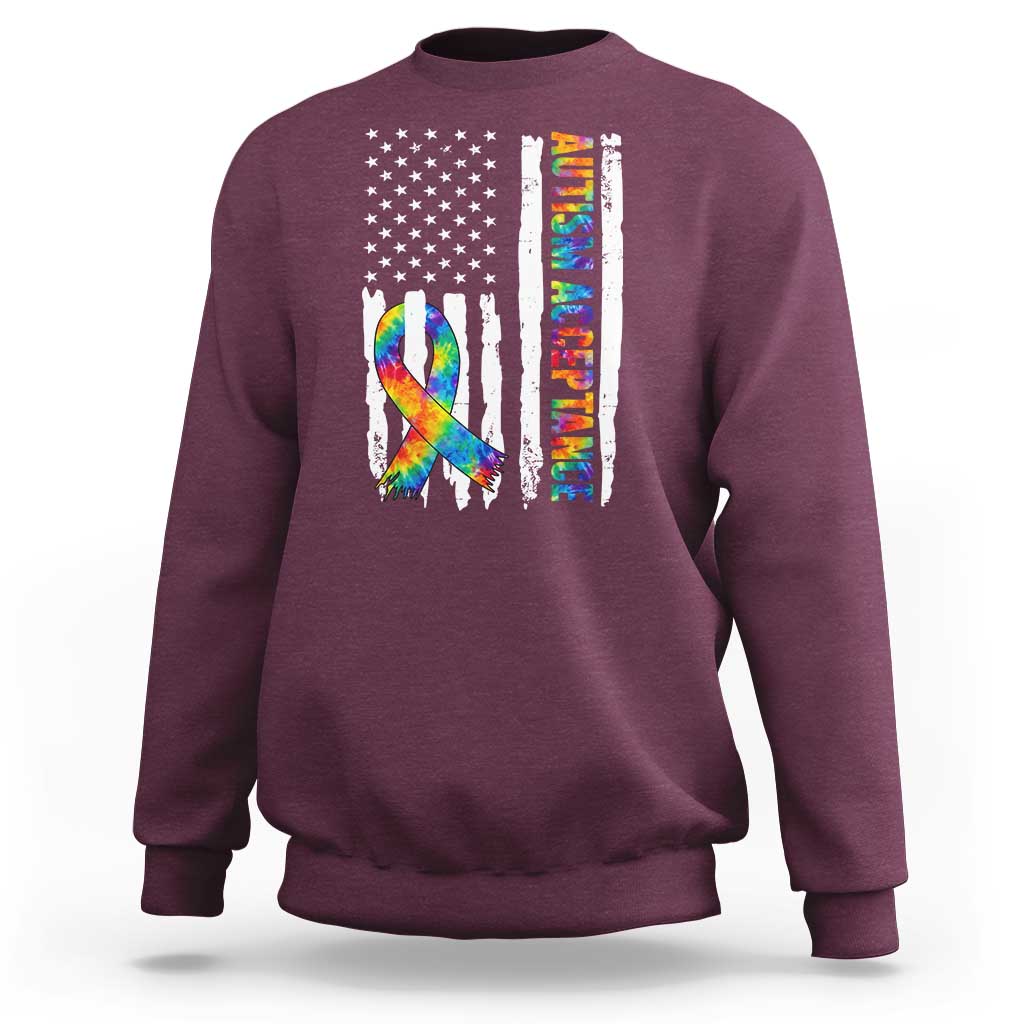 Autism Acceptance Sweatshirt US Flag Ribbon Support Neurodiversity
