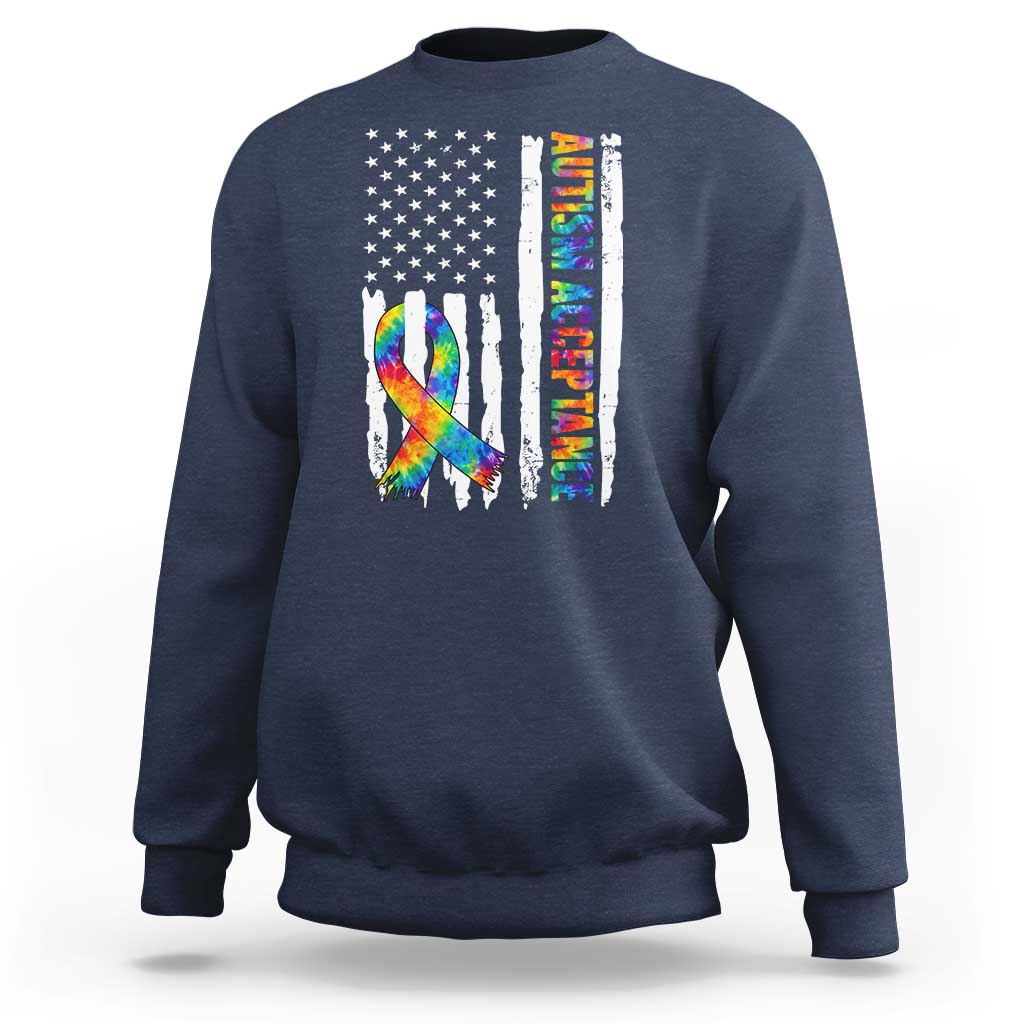 Autism Acceptance Sweatshirt US Flag Ribbon Support Neurodiversity