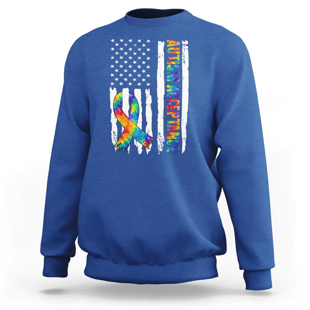Autism Acceptance Sweatshirt US Flag Ribbon Support Neurodiversity