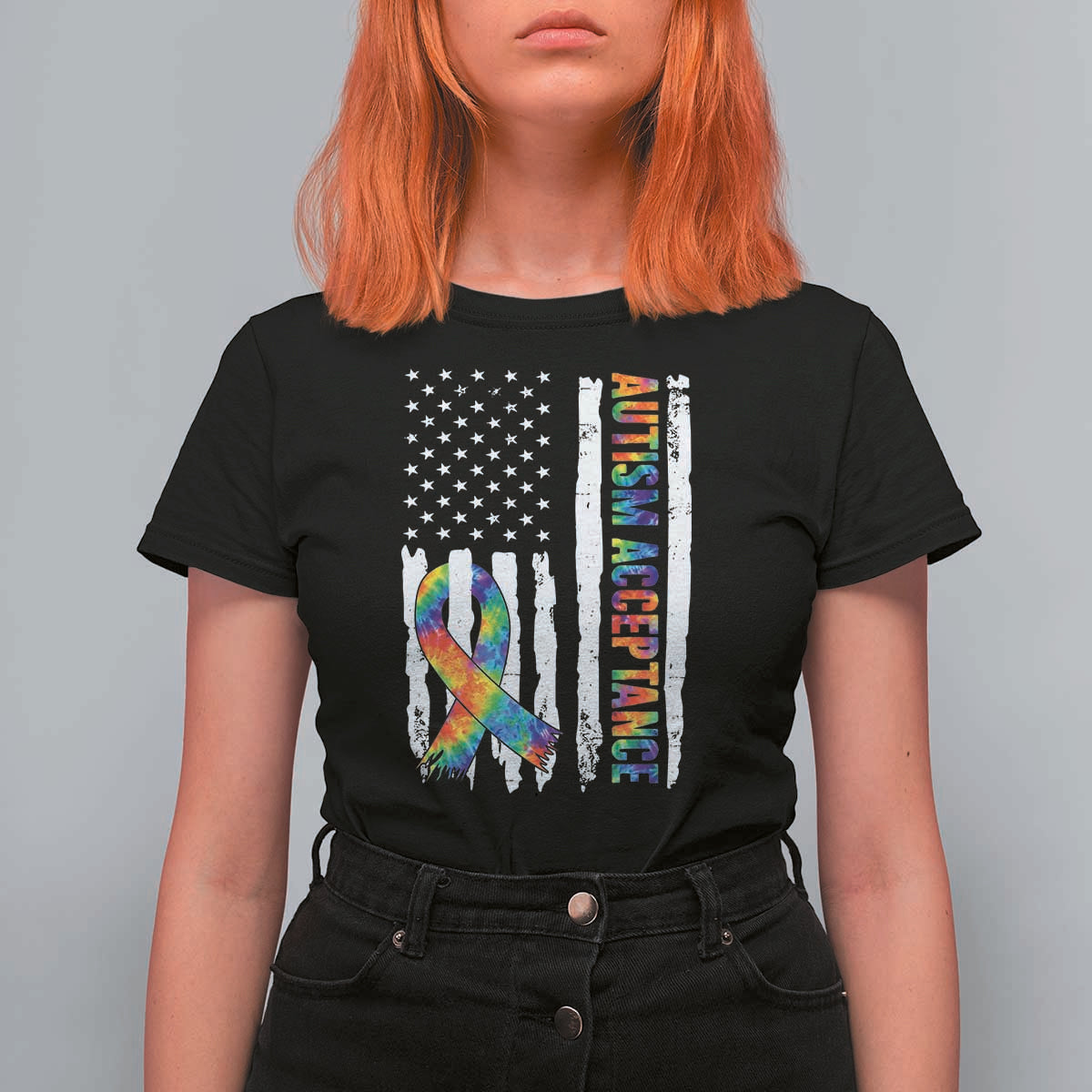 Autism Acceptance T Shirt For Women US Flag Ribbon Support Neurodiversity