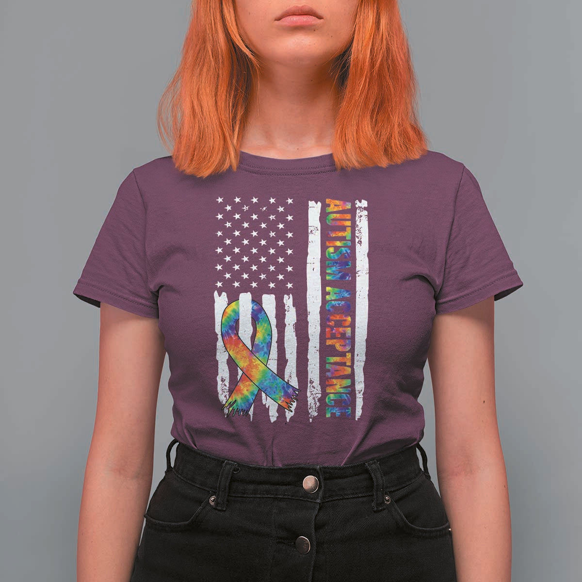 Autism Acceptance T Shirt For Women US Flag Ribbon Support Neurodiversity