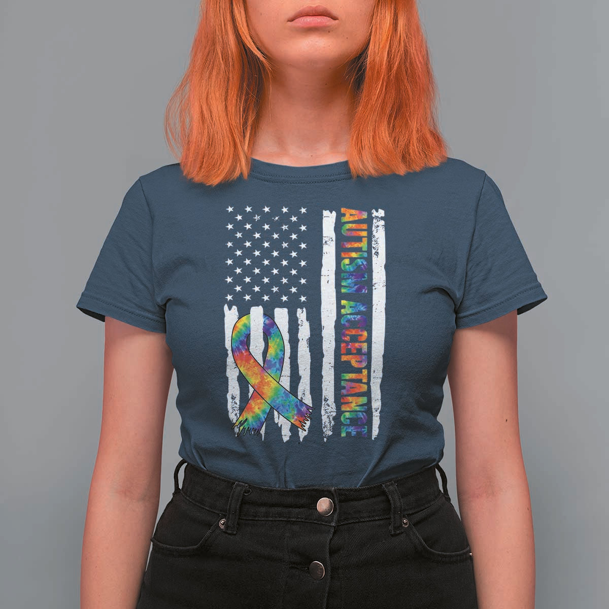Autism Acceptance T Shirt For Women US Flag Ribbon Support Neurodiversity