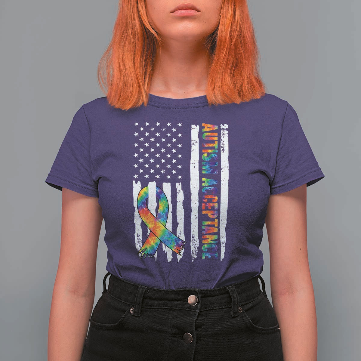 Autism Acceptance T Shirt For Women US Flag Ribbon Support Neurodiversity