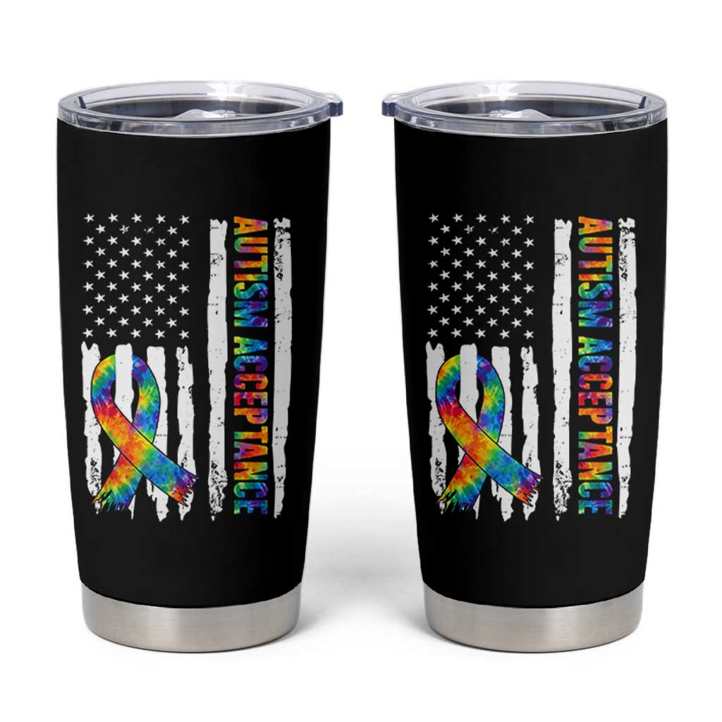 Autism Acceptance Tumbler Cup US Flag Ribbon Support Neurodiversity