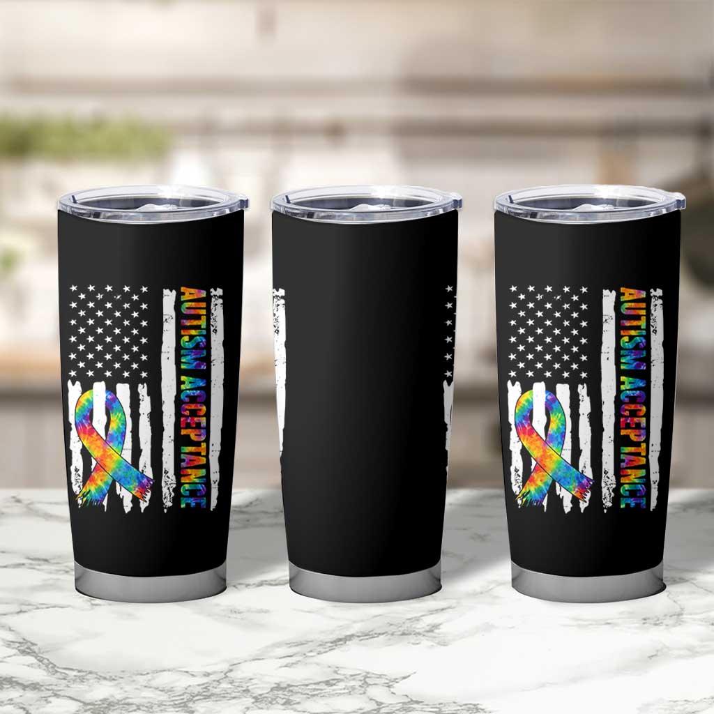 Autism Acceptance Tumbler Cup US Flag Ribbon Support Neurodiversity