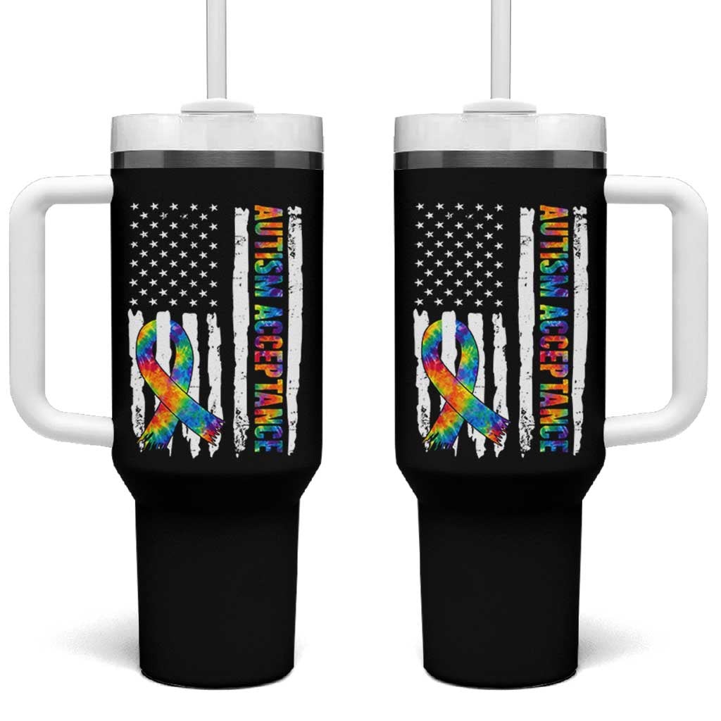 Autism Acceptance Tumbler With Handle US Flag Ribbon Support Neurodiversity