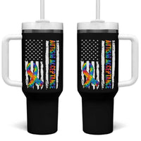 Autism Acceptance Tumbler With Handle US Flag Ribbon Support Neurodiversity