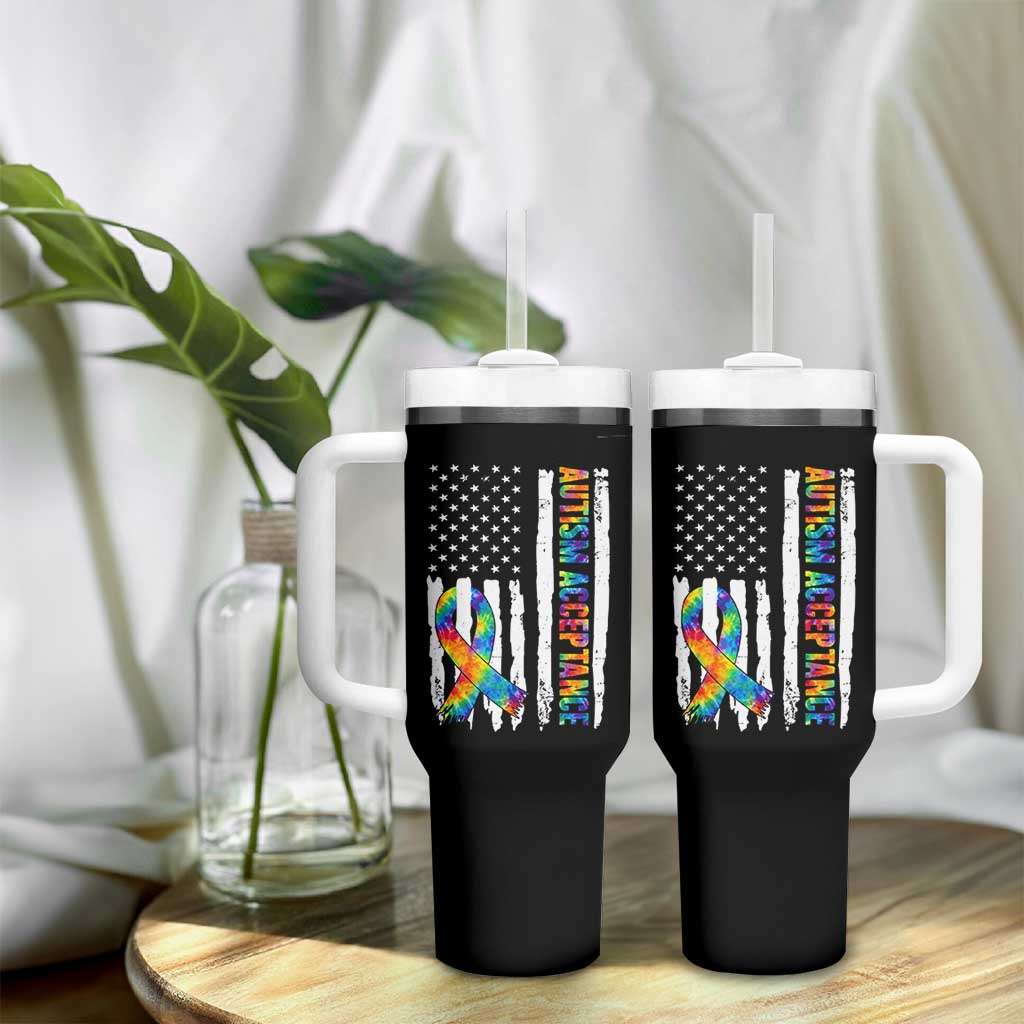 Autism Acceptance Tumbler With Handle US Flag Ribbon Support Neurodiversity