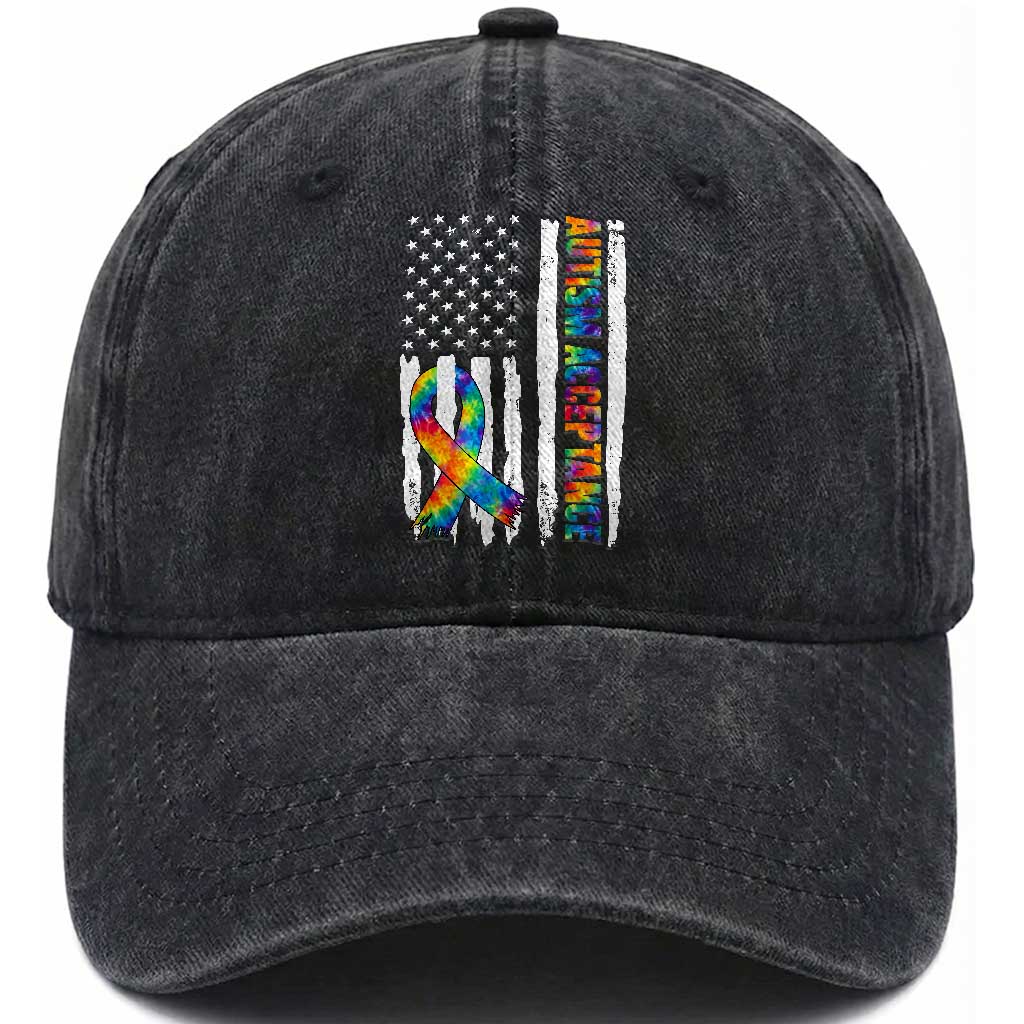 Autism Acceptance Washed Cotton Baseball Cap US Flag Ribbon Support Neurodiversity