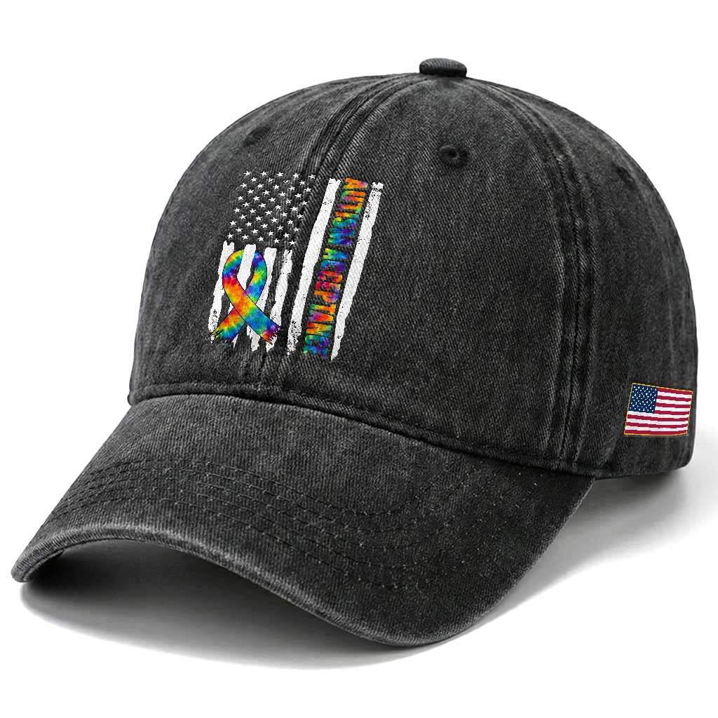 Autism Acceptance Washed Cotton Baseball Cap US Flag Ribbon Support Neurodiversity