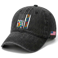 Autism Acceptance Washed Cotton Baseball Cap US Flag Ribbon Support Neurodiversity