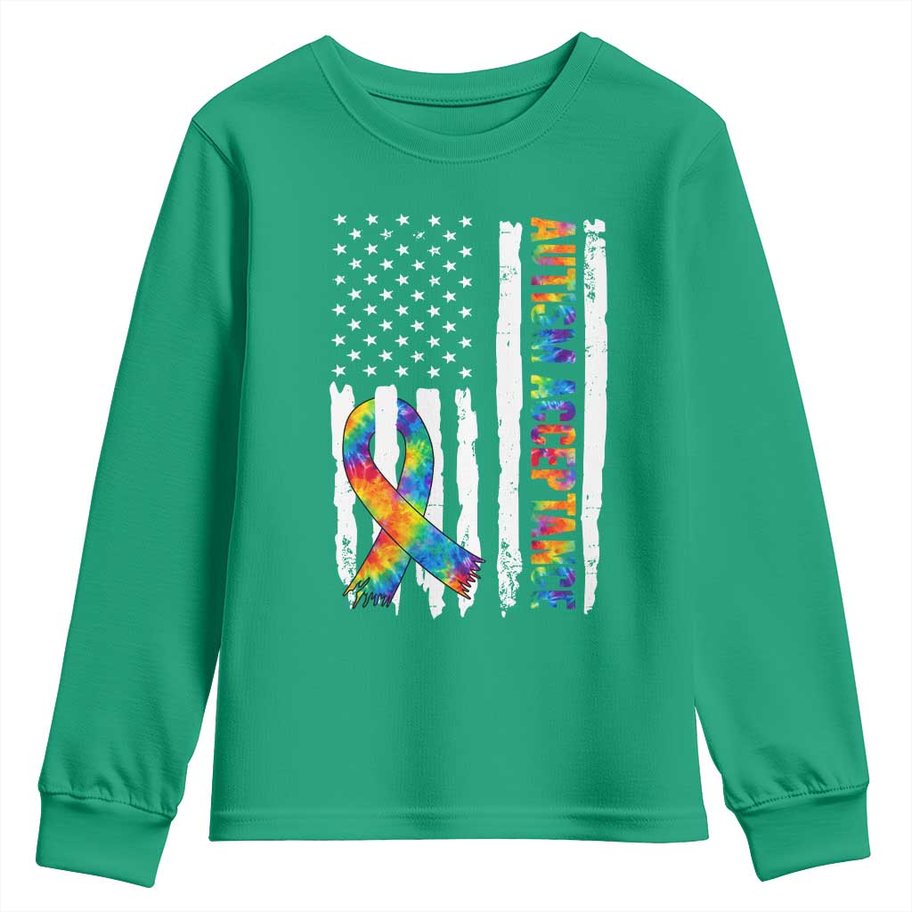 Autism Acceptance Youth Sweatshirt US Flag Ribbon Support Neurodiversity