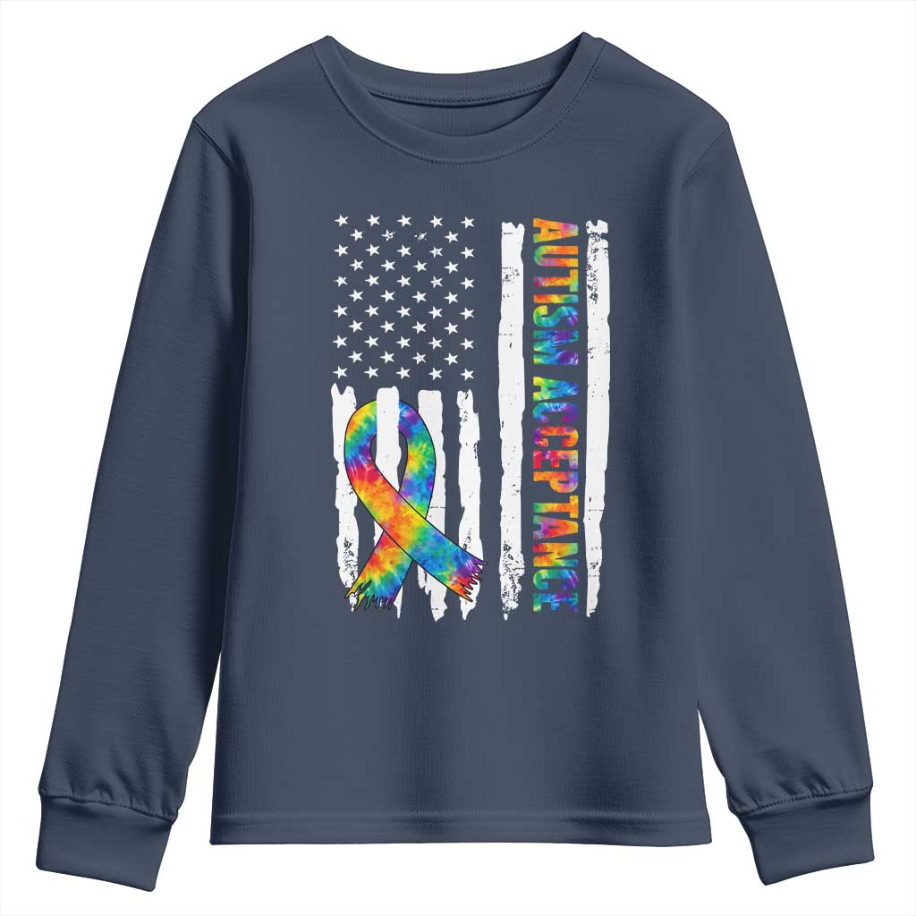 Autism Acceptance Youth Sweatshirt US Flag Ribbon Support Neurodiversity