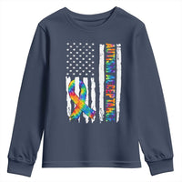 Autism Acceptance Youth Sweatshirt US Flag Ribbon Support Neurodiversity