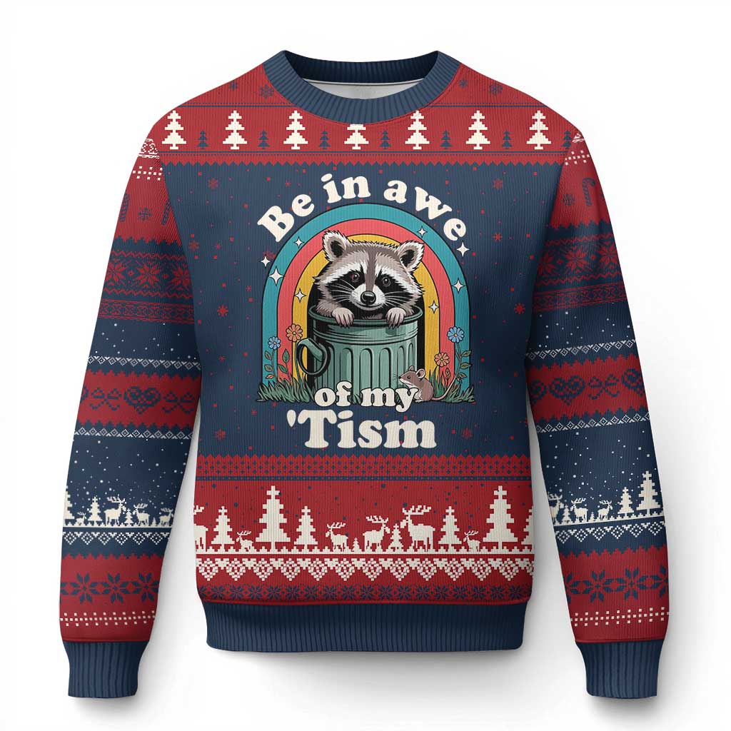 Be in Awe of My Tism Ugly Christmas Sweater Funny Raccoon Autism Acceptance