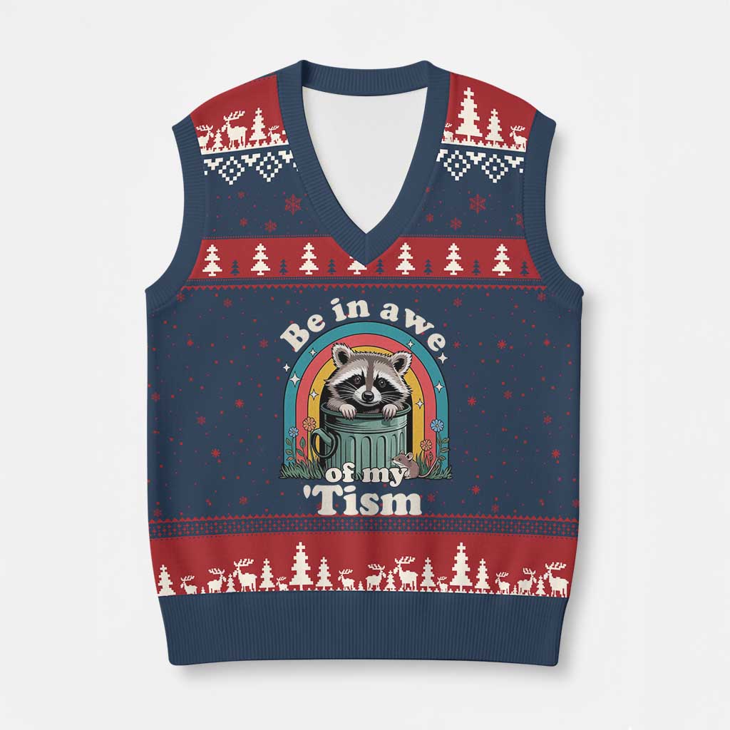 Be in Awe of My Tism V-Neck Knit Sweater Vest Funny Raccoon Autism Acceptance