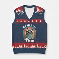 Be in Awe of My Tism V-Neck Knit Sweater Vest Funny Raccoon Autism Acceptance