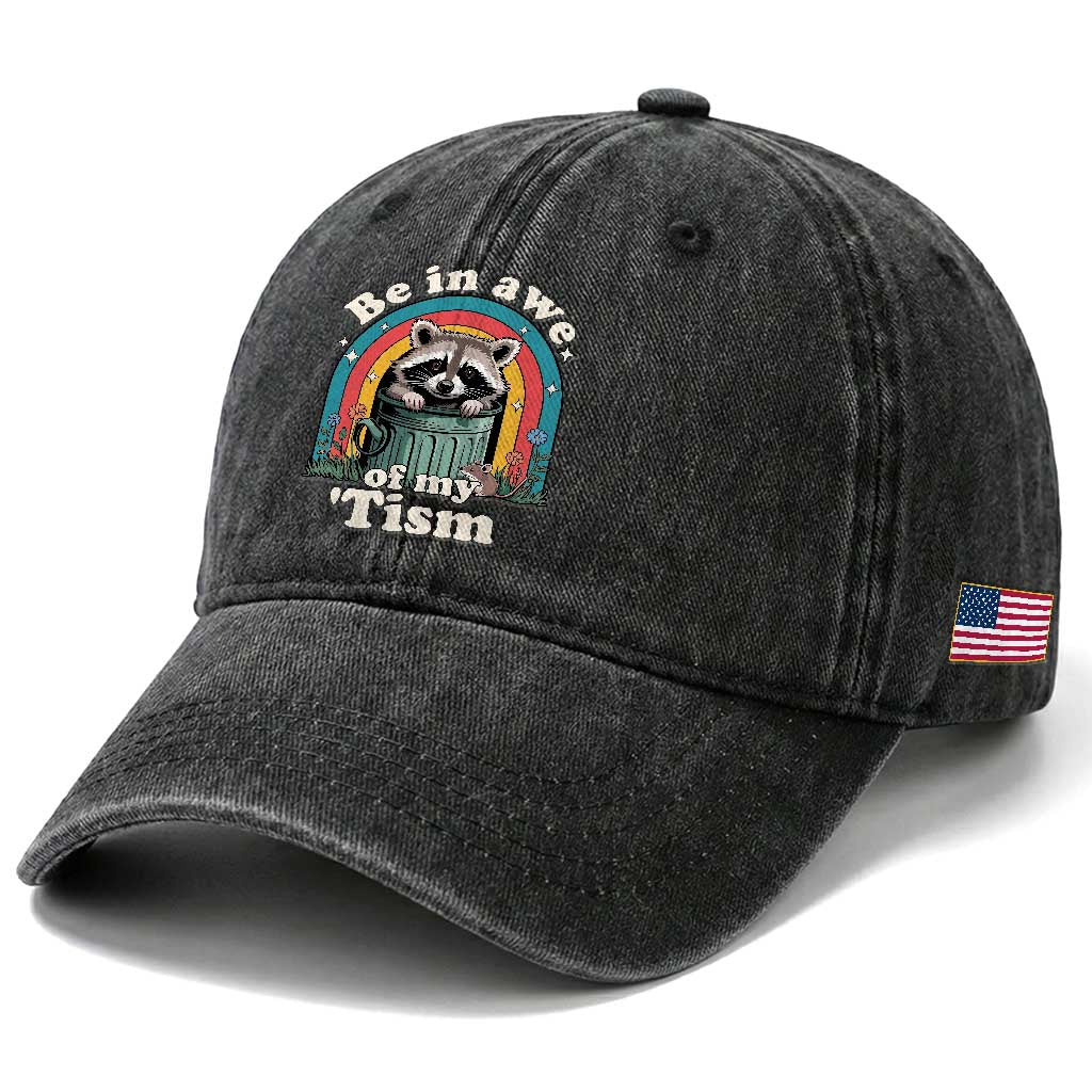 Be in Awe of My Tism Washed Cotton Baseball Cap Funny Raccoon Autism Acceptance