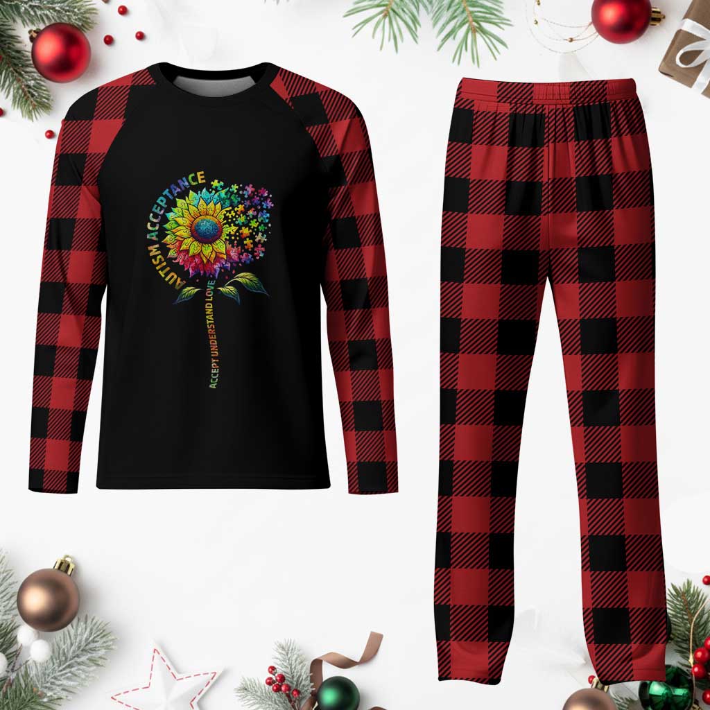 Autism Acceptance Plaid Pajama Set Accept Understand Love Sunflower Puzzle
