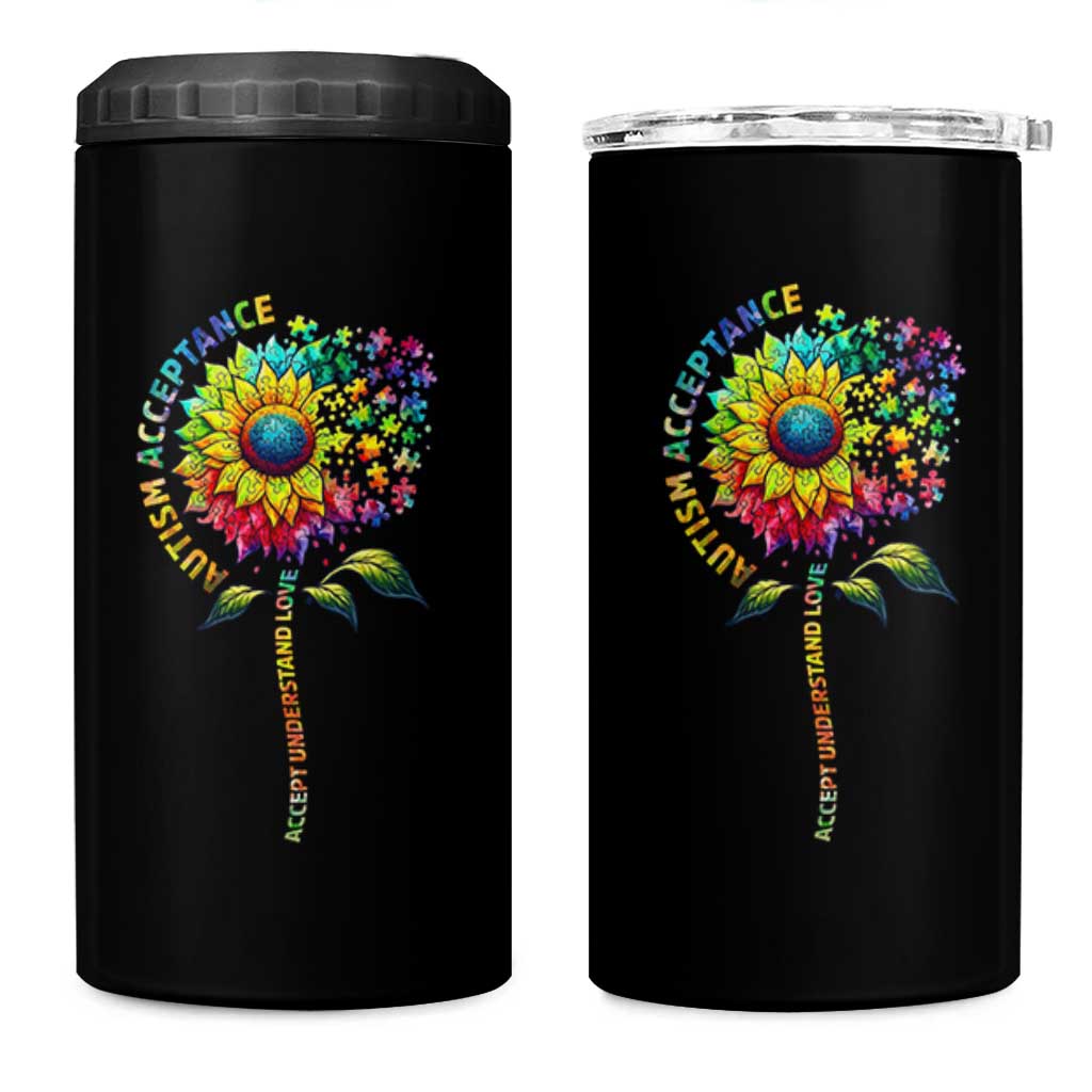 Autism Acceptance 4 in 1 Can Cooler Tumbler Accept Understand Love Sunflower Puzzle