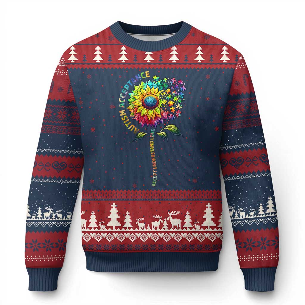 Autism Acceptance Ugly Christmas Sweater Accept Understand Love Sunflower Puzzle