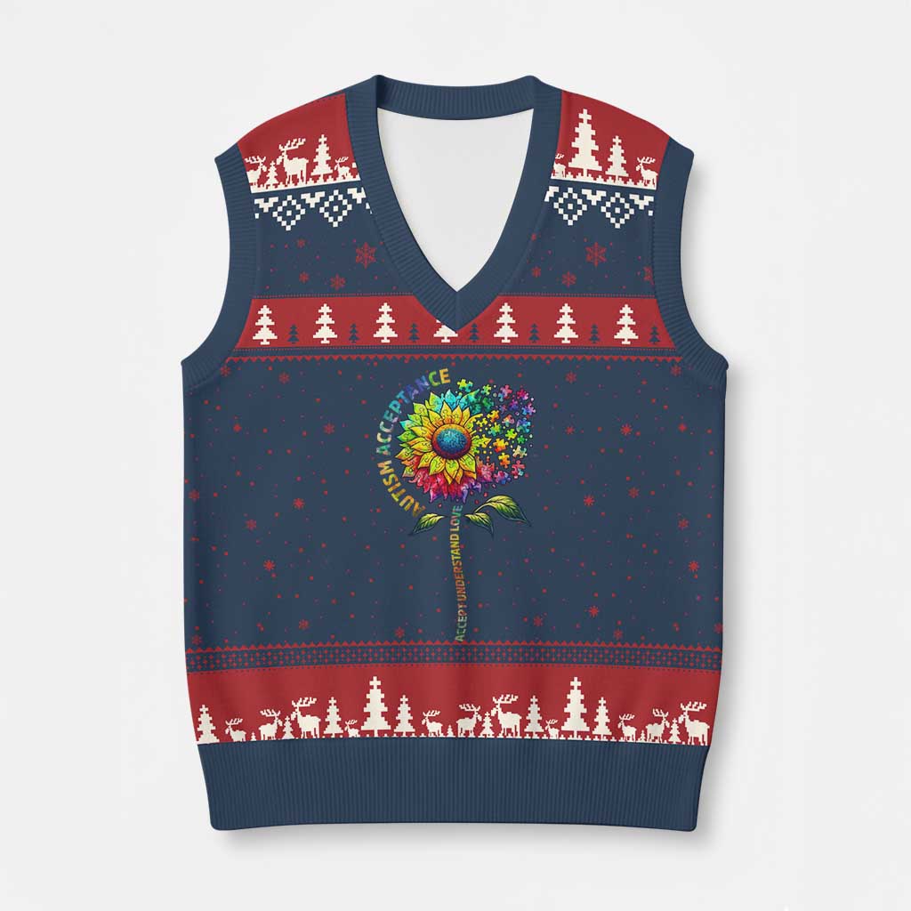 Autism Acceptance V-Neck Knit Sweater Vest Accept Understand Love Sunflower Puzzle