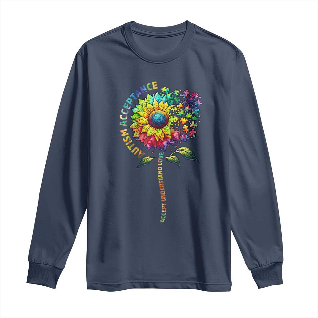 Autism Acceptance Long Sleeve Shirt Accept Understand Love Sunflower Puzzle