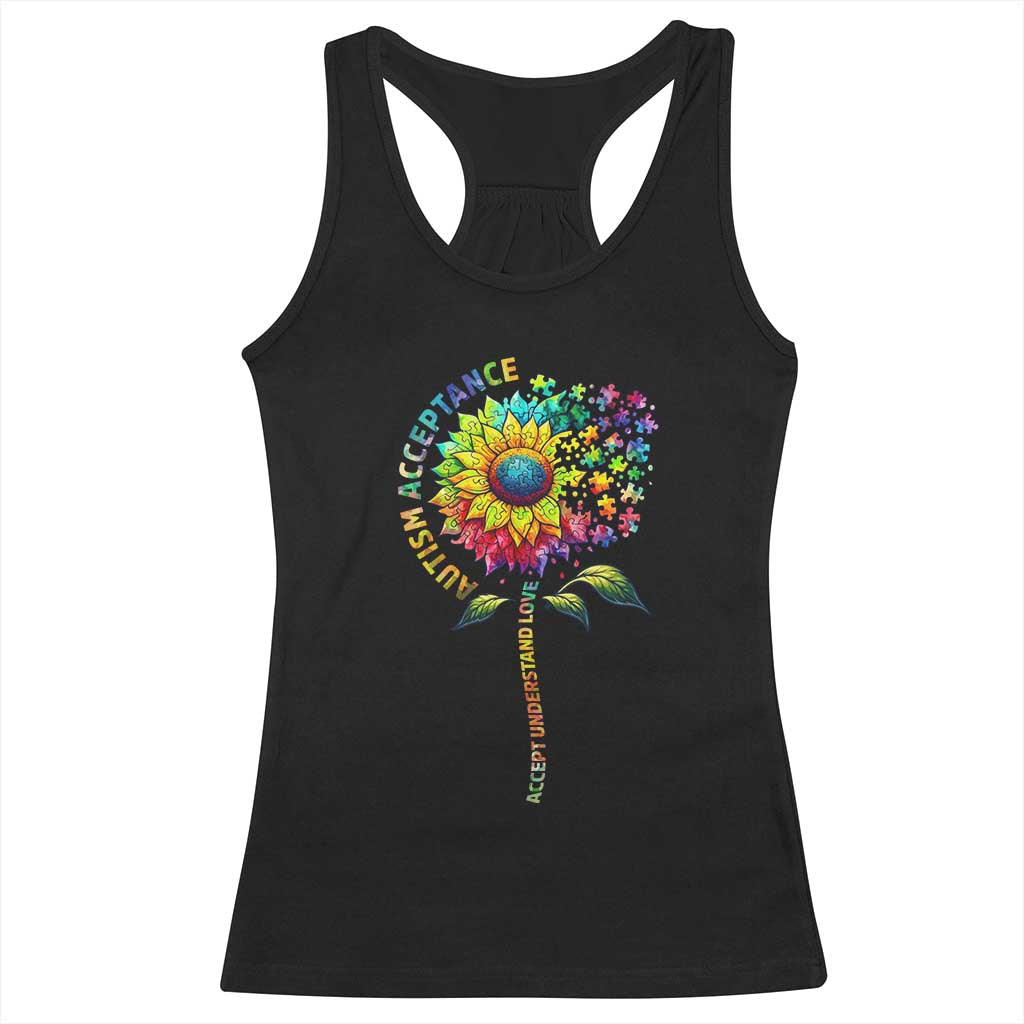Autism Acceptance Racerback Tank Top Accept Understand Love Sunflower Puzzle