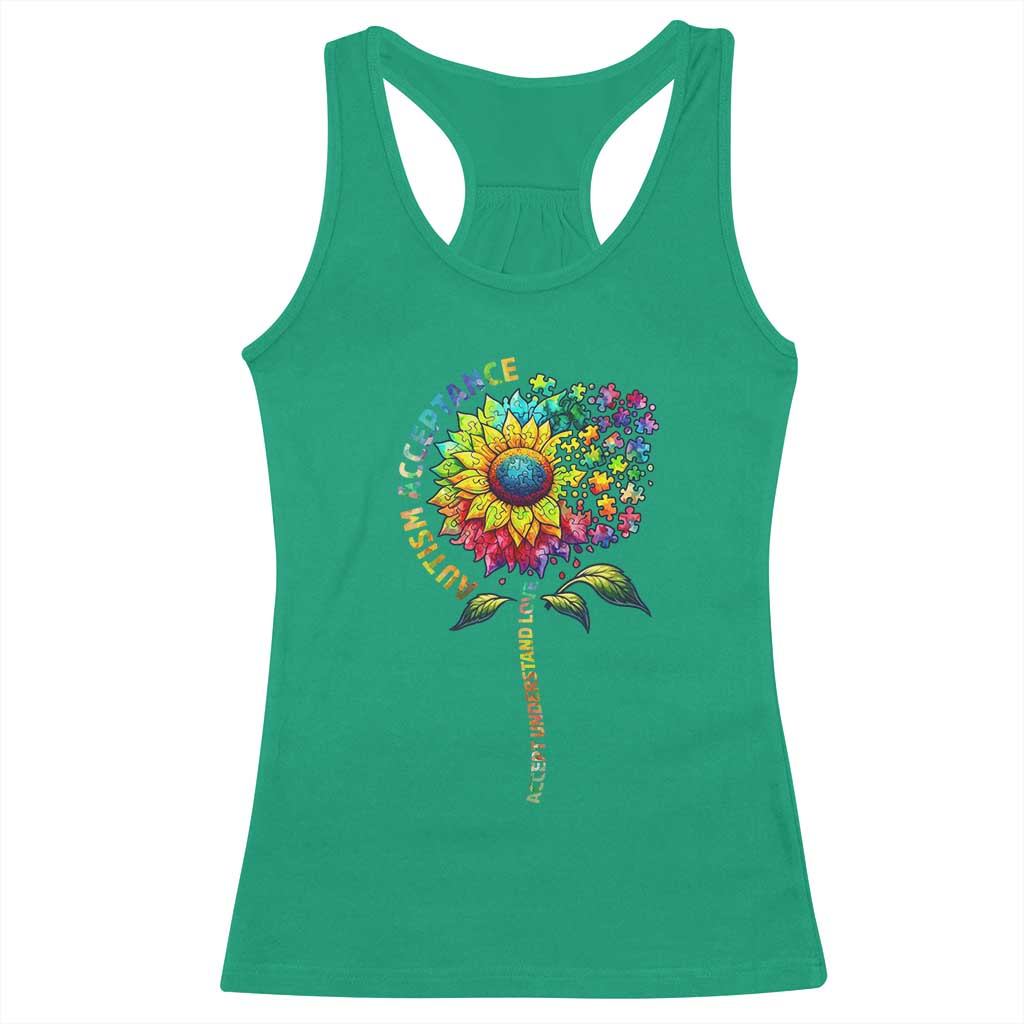 Autism Acceptance Racerback Tank Top Accept Understand Love Sunflower Puzzle
