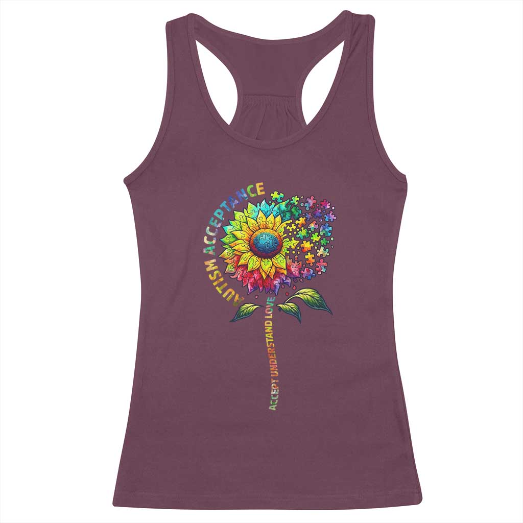 Autism Acceptance Racerback Tank Top Accept Understand Love Sunflower Puzzle