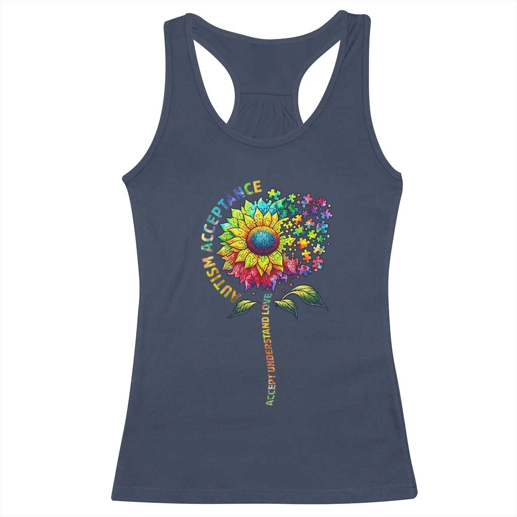 Autism Acceptance Racerback Tank Top Accept Understand Love Sunflower Puzzle