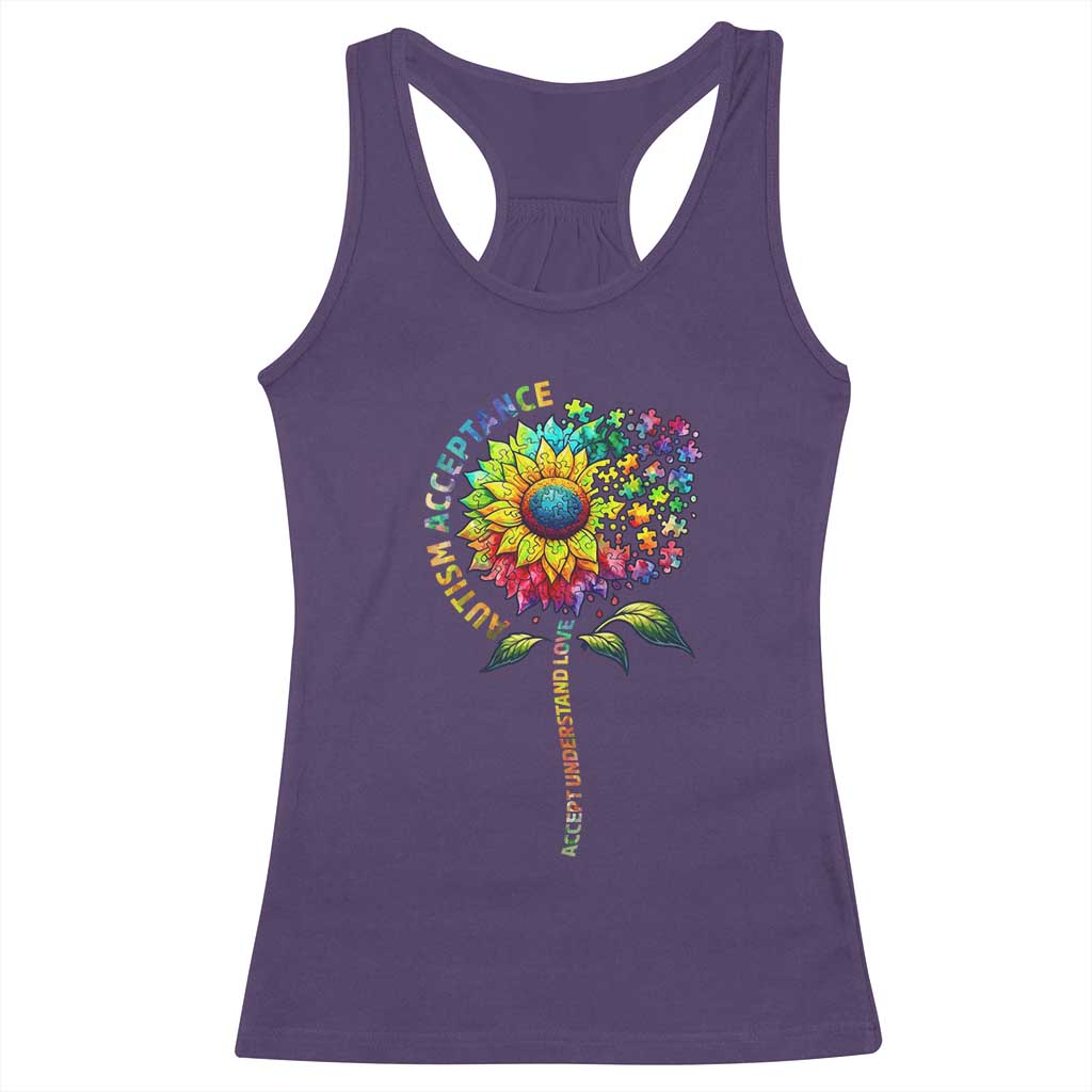 Autism Acceptance Racerback Tank Top Accept Understand Love Sunflower Puzzle