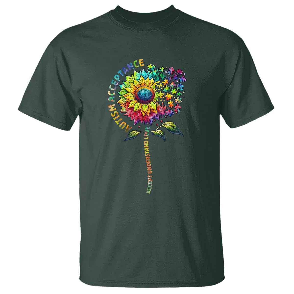 Autism Acceptance T Shirt Accept Understand Love Sunflower Puzzle