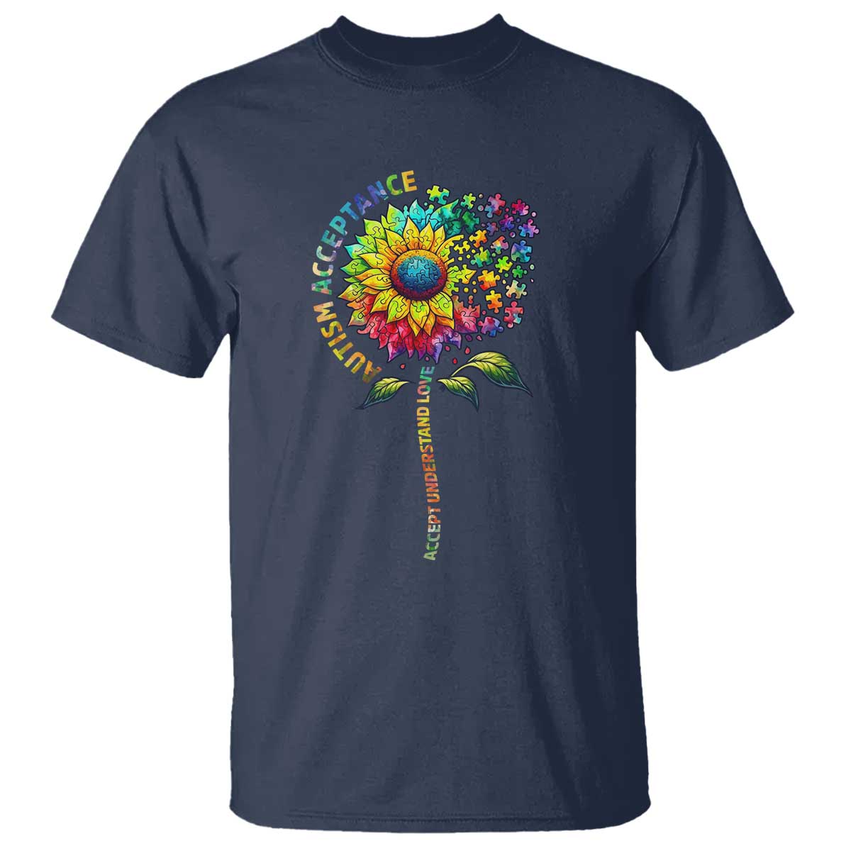 Autism Acceptance T Shirt Accept Understand Love Sunflower Puzzle