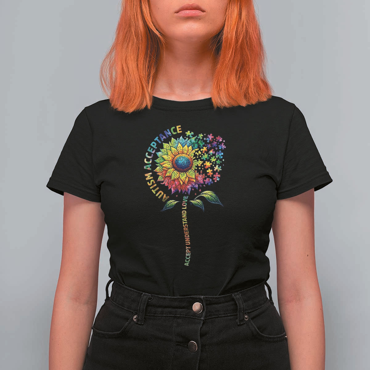 Autism Acceptance T Shirt For Women Accept Understand Love Sunflower Puzzle