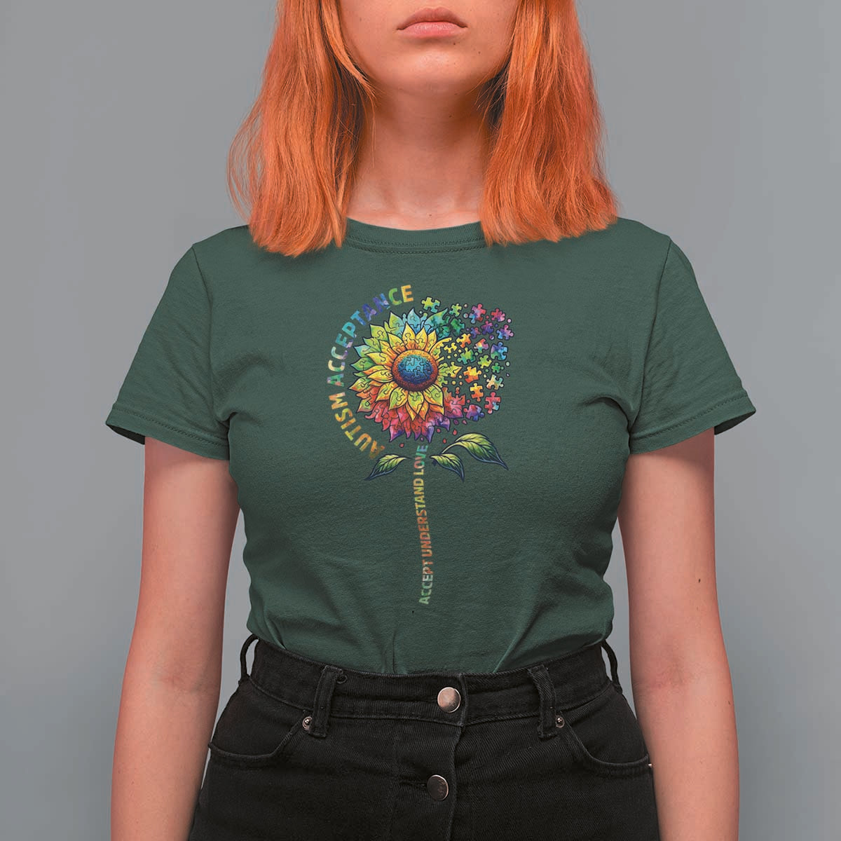 Autism Acceptance T Shirt For Women Accept Understand Love Sunflower Puzzle
