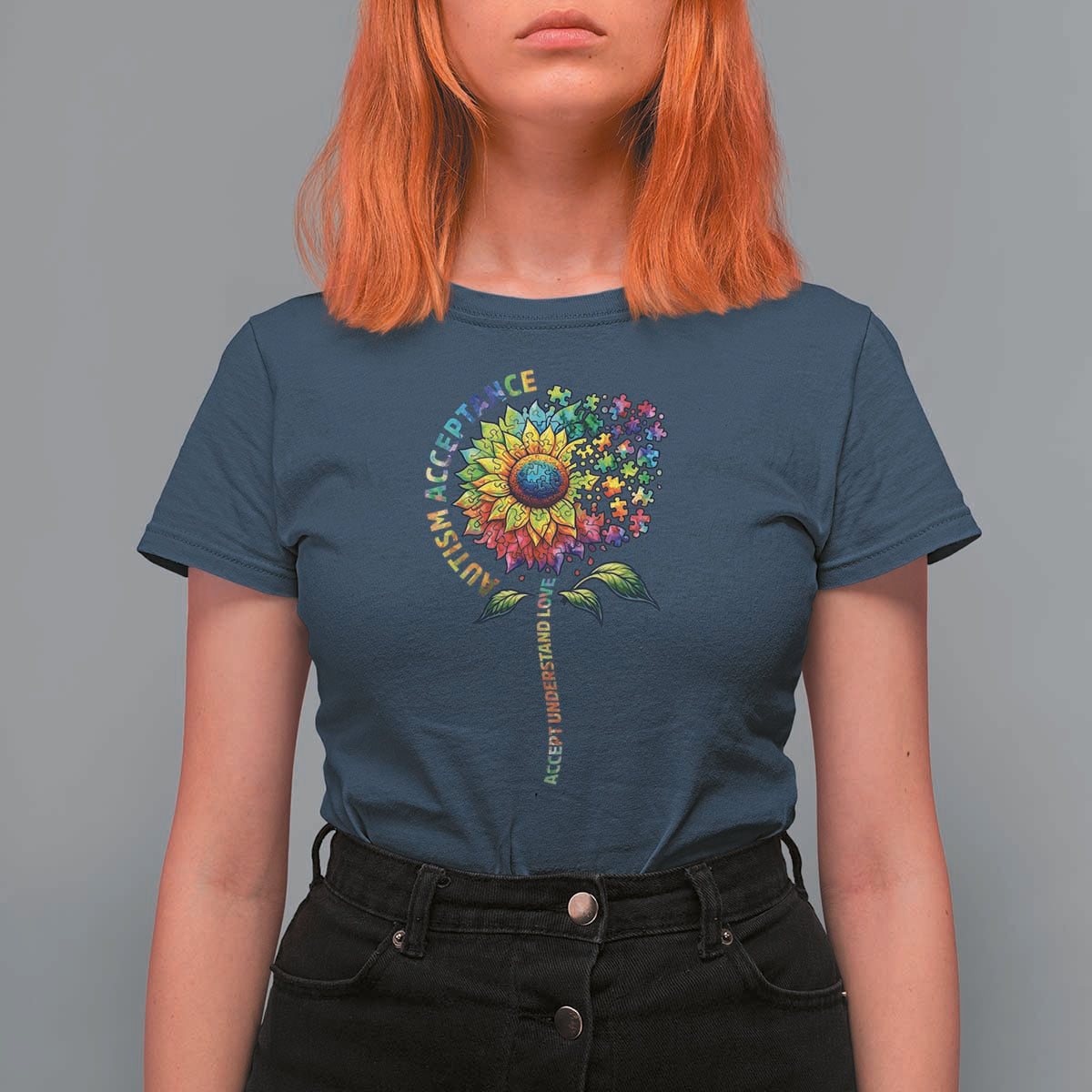 Autism Acceptance T Shirt For Women Accept Understand Love Sunflower Puzzle