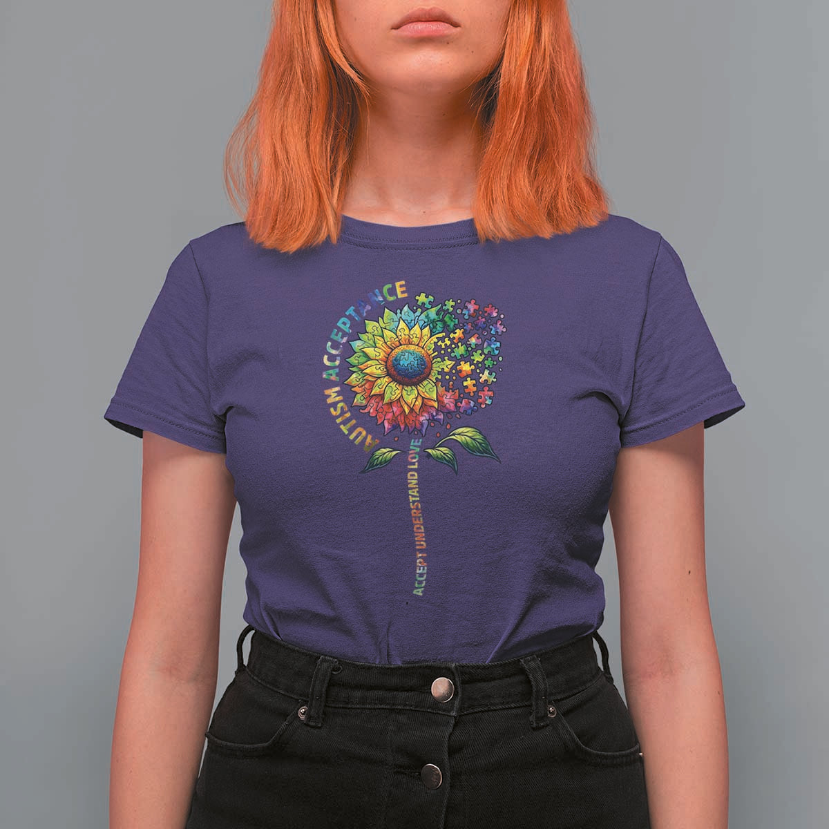 Autism Acceptance T Shirt For Women Accept Understand Love Sunflower Puzzle