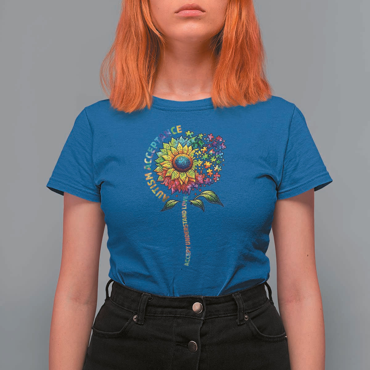 Autism Acceptance T Shirt For Women Accept Understand Love Sunflower Puzzle