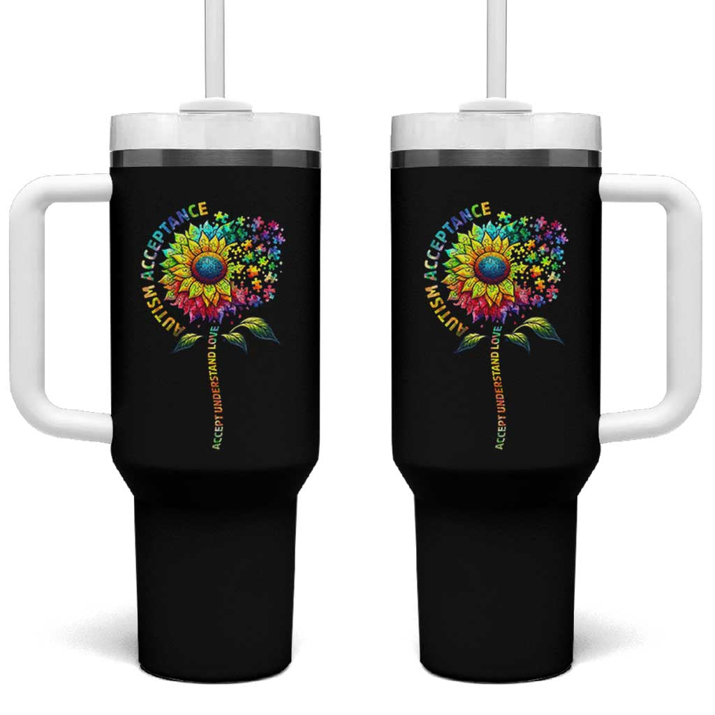 Autism Acceptance Tumbler With Handle Accept Understand Love Sunflower Puzzle