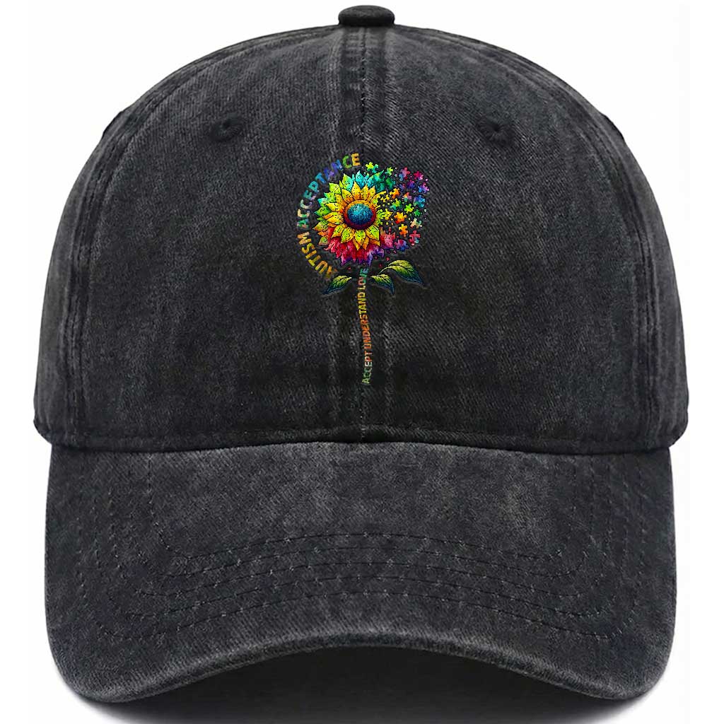 Autism Acceptance Washed Cotton Baseball Cap Accept Understand Love Sunflower Puzzle